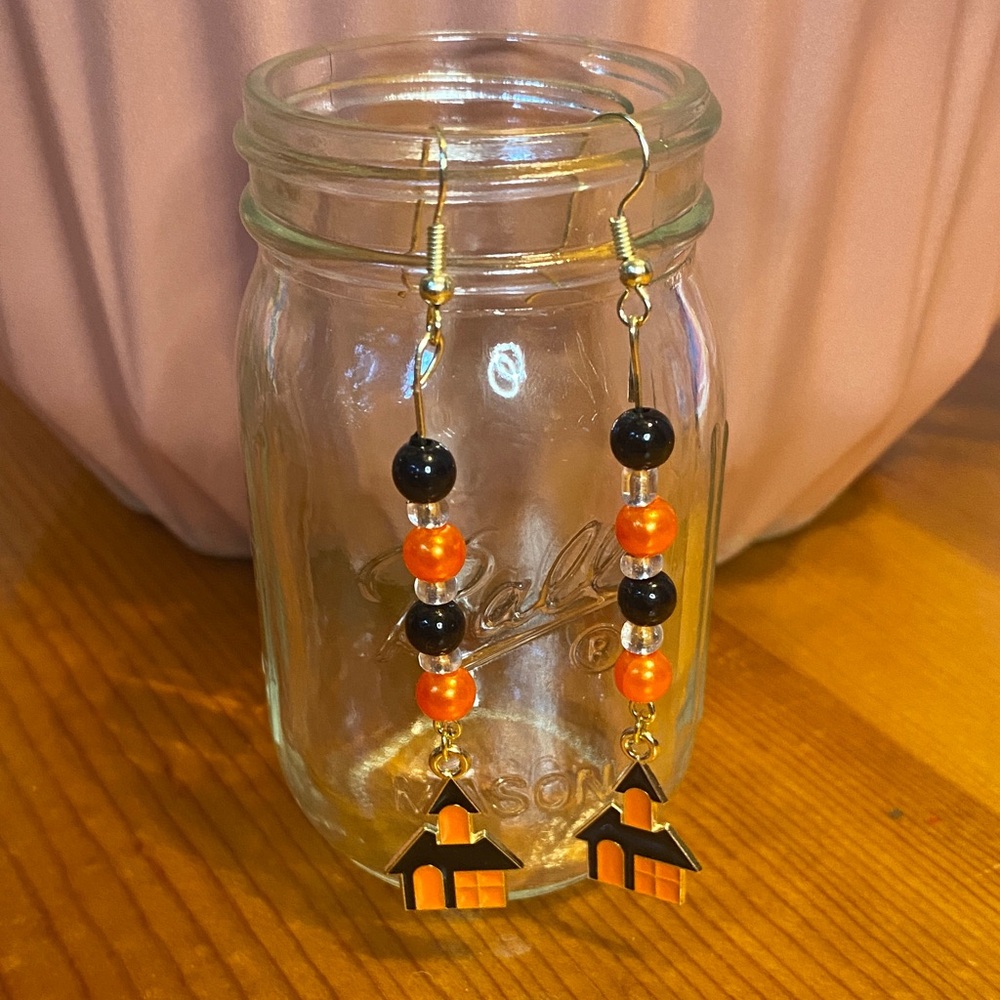 Hand Crafted Halloween Black and Orange Beaded Haunted House Charm Earrings